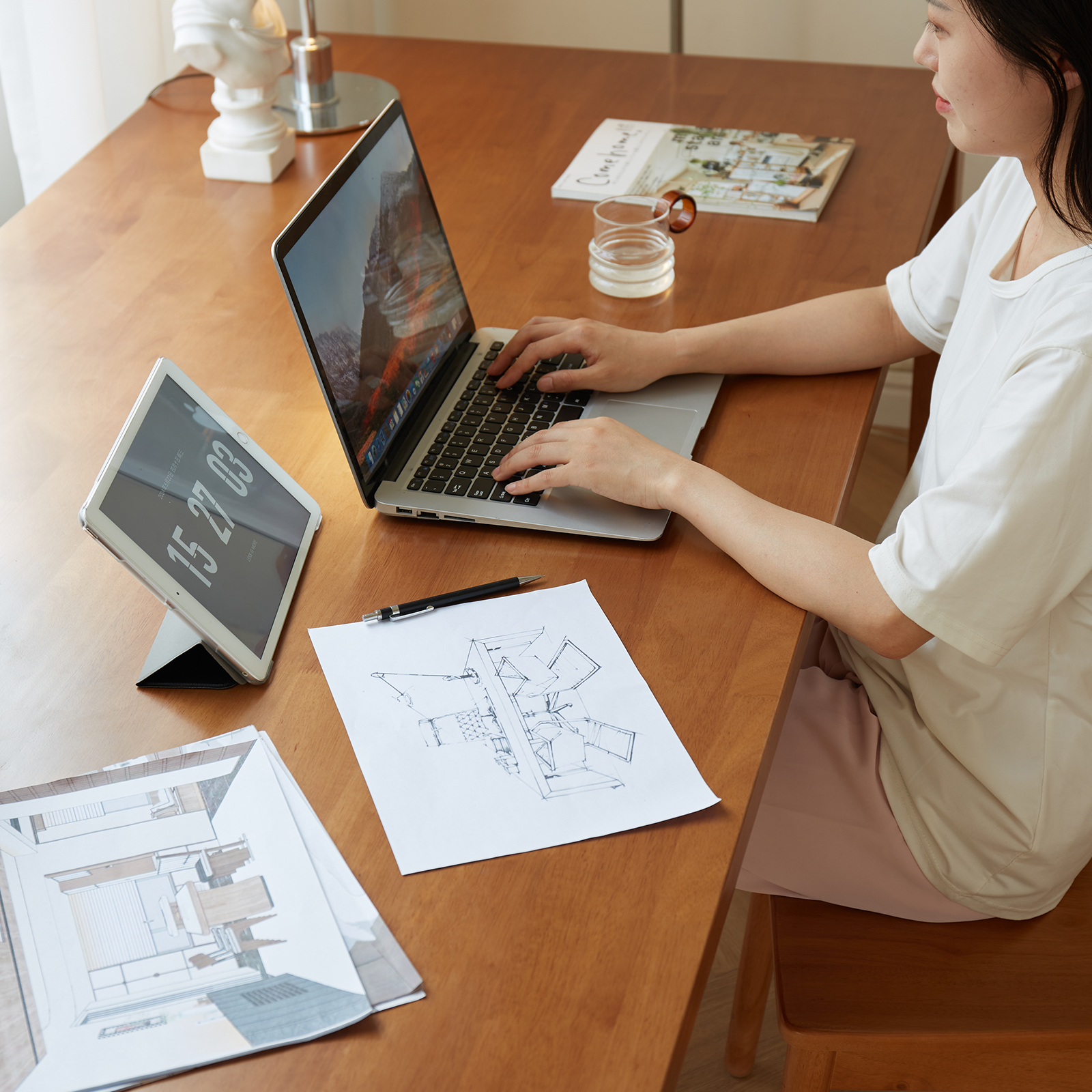 錦木-チェリーウッド風 北欧風ダイニングテーブルセット 長方形 木製 一人暮らし・ファミリー向け ミニマルデザインダイニングテーブル