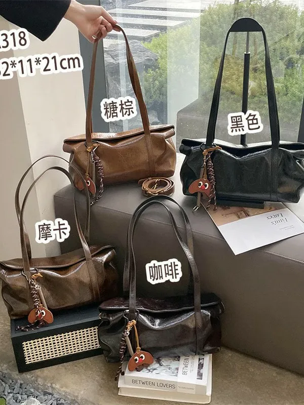 復古真皮包包女小衆設計油蠟皮大容量腋下托特斜挎包