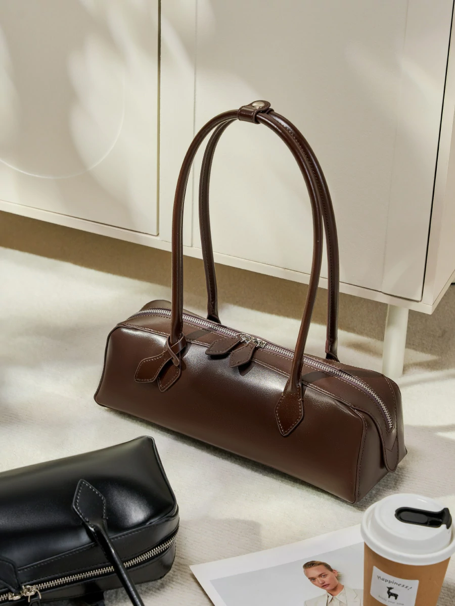 韓國小衆設計單肩大容量牛皮腋下包長條紅色法棍包