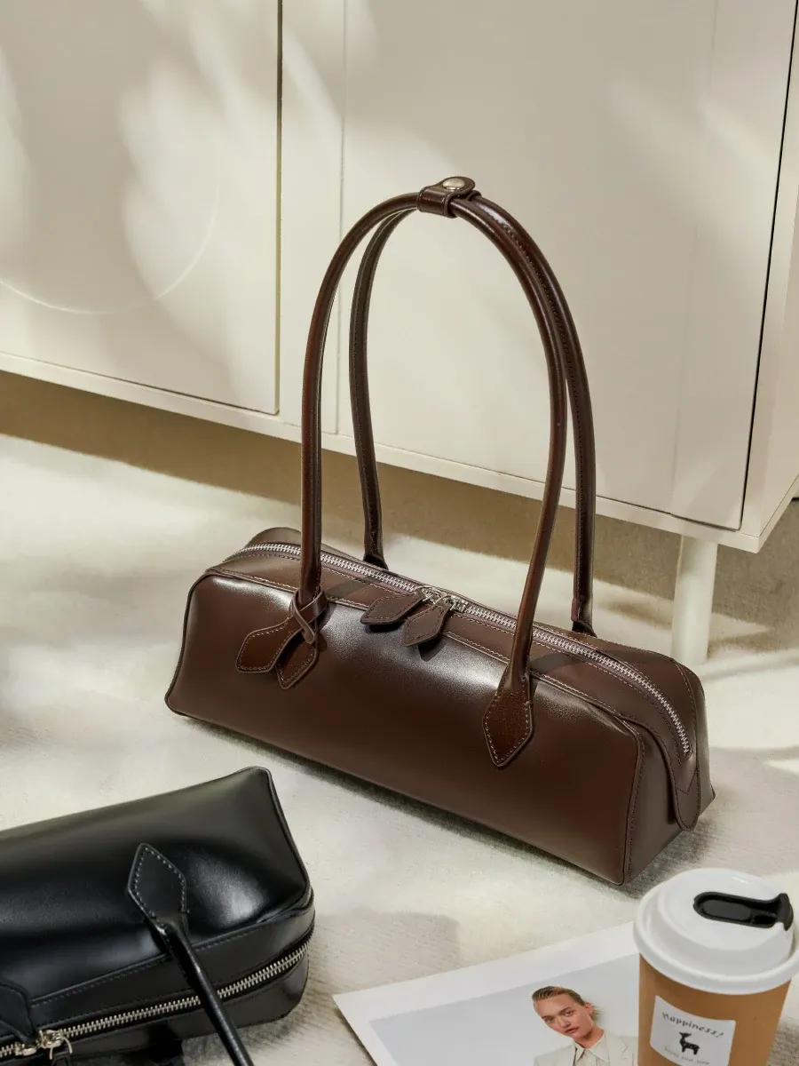 韓國小衆設計單肩大容量牛皮腋下包長條紅色法棍包