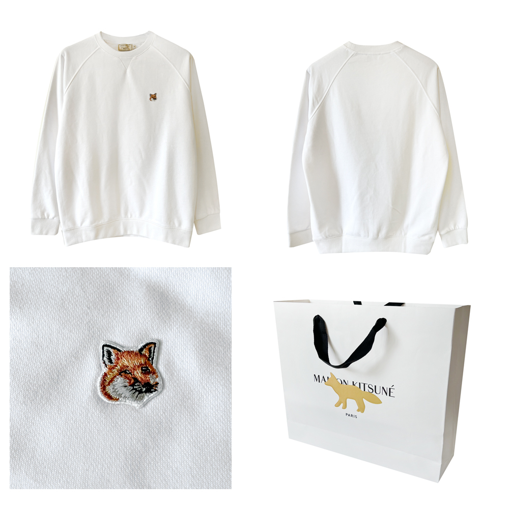 (Maison Kitsune専用袋付き) MAISON KITSUNE メゾンキツネ スウェット トップス カットソー トレーナー 長袖 刺繍 レディース メンズ ブラック ホワイト FOX HEAD PATCH AM00303KM0001