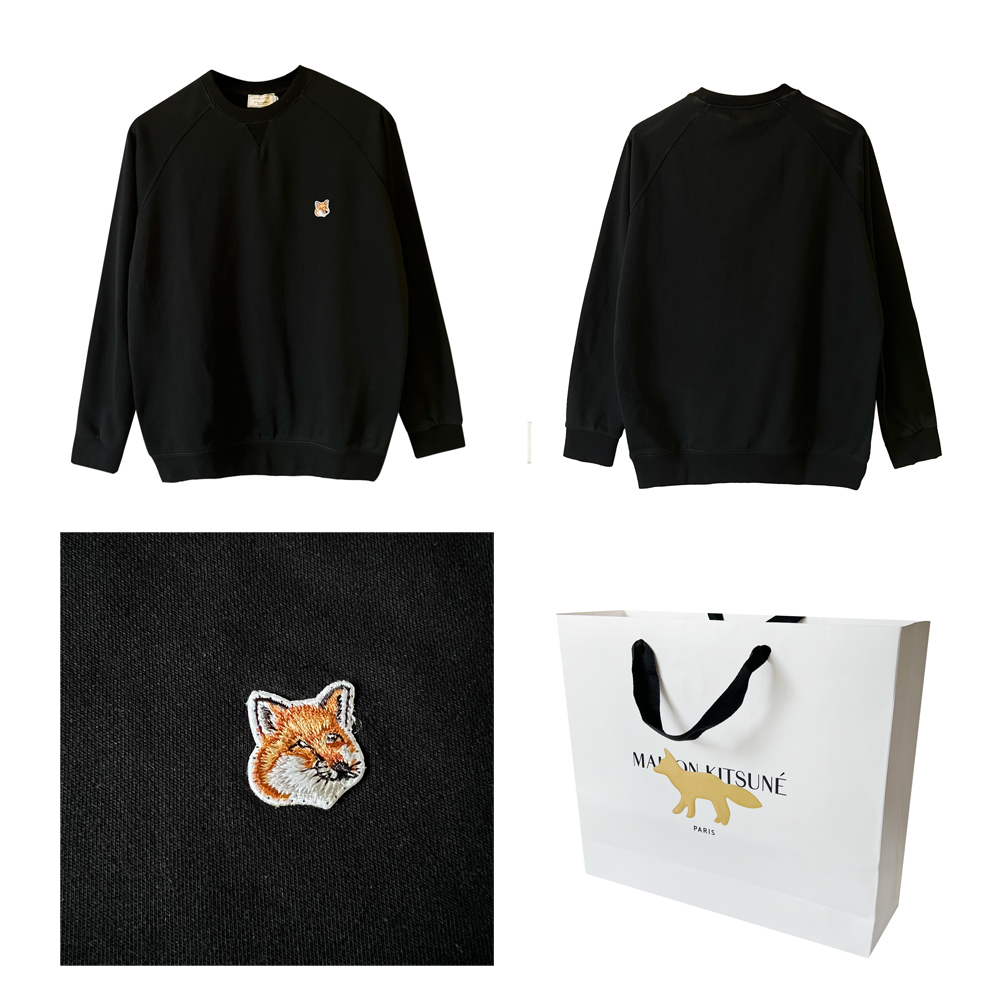 (Maison Kitsune専用袋付き) MAISON KITSUNE メゾンキツネ スウェット トップス カットソー トレーナー 長袖 刺繍 レディース メンズ ブラック ホワイト FOX HEAD PATCH AM00303KM0001