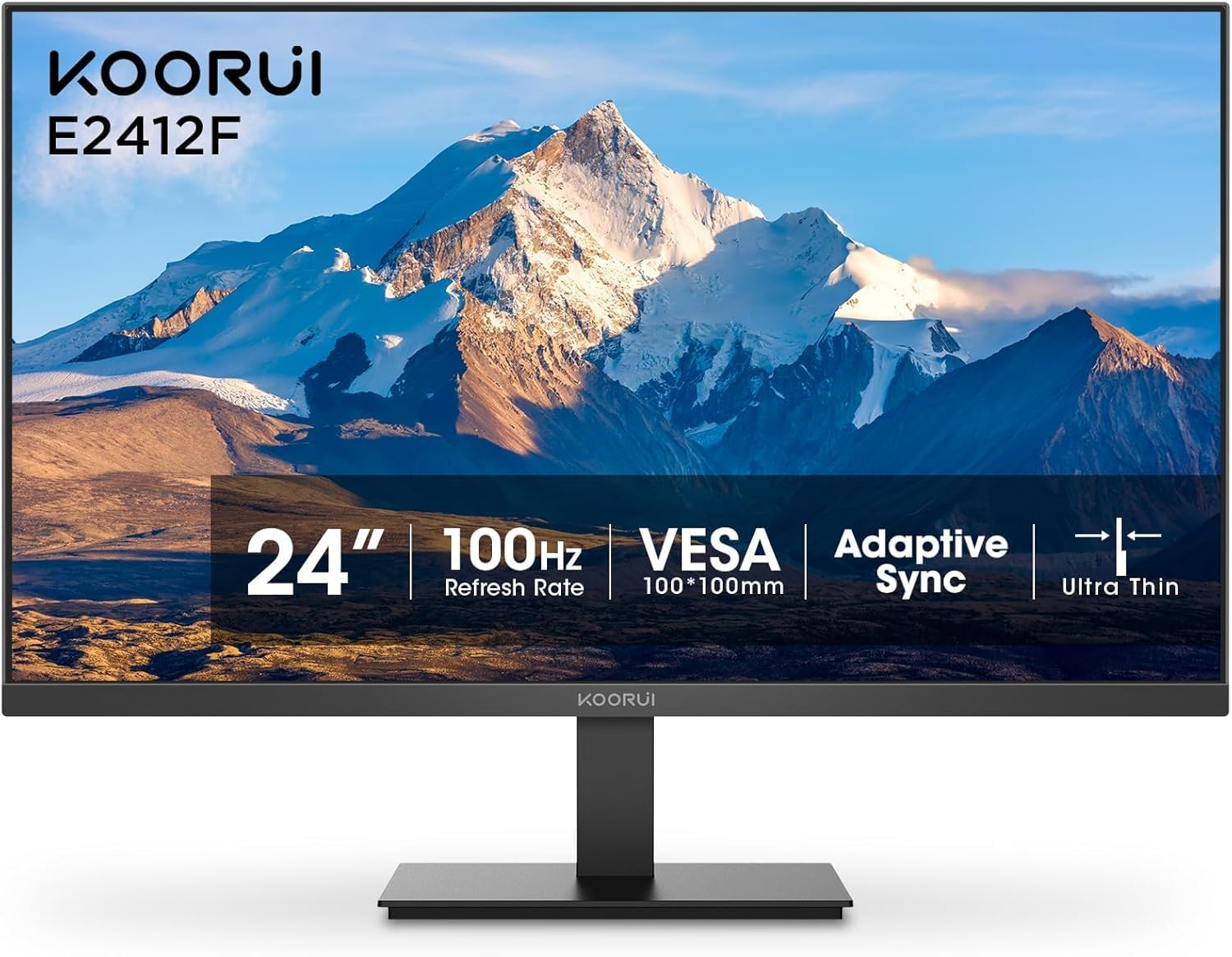 KOORUI E2412F 24-inch Computer Monitor Full HD 1920 x 1080p 100Hz VA Display 3000:1 Contrast Ratio with HDMI VGA, Three-Sided Slim Bezels, Freesync, 100 x 100 mm VESA Mountable, Ergonomic Tilt, Black
