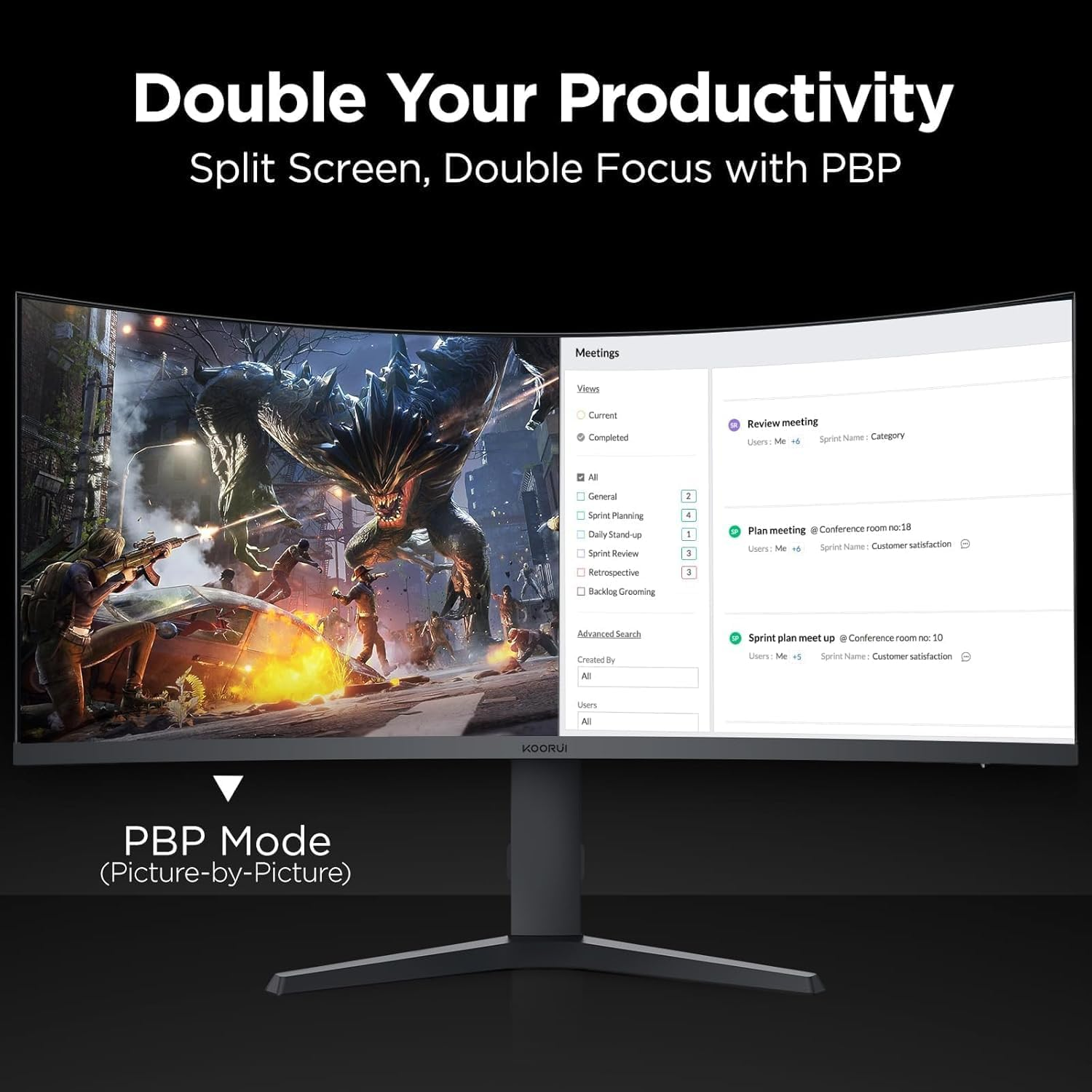 KOORUI 34 Inch Ultrawide Curved Gaming Monitor, 165Hz, WQHD 1440P, 1000R, MPRT 1MS, HDR 400, 2x HDMI 2.0, 1x DisplayPort 1.4, AdaptiveSync, Tilt/Height Adjustable, Black