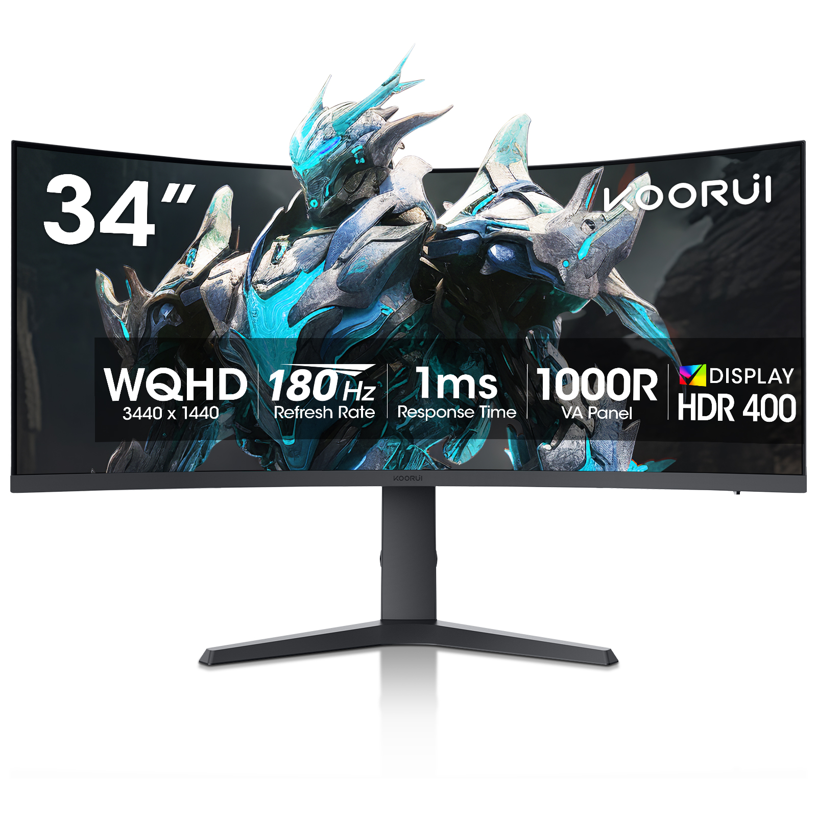 KOORUI 34-inch Curved WQHD 3440×1440 Gaming Monitor, 180Hz 1000R- PIP/PBP, 1ms(MPRT), HDR400, DCI-P3 95%, FreeSync Premium, 1 x DP 1.4 & 2 x HDMI 2.0, Tilt Height Swivel Adjustment, 34E6UC