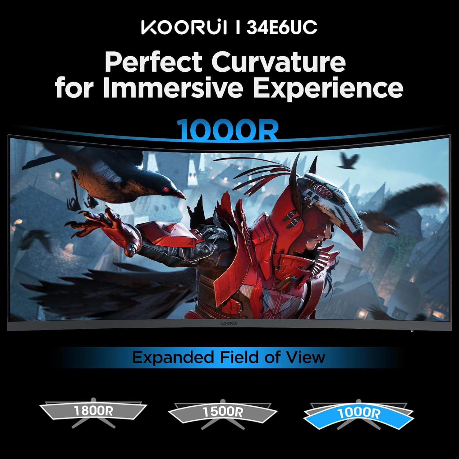 KOORUI 34-inch Curved WQHD 3440×1440 Gaming Monitor, 180Hz 1000R- PIP/PBP, 1ms(MPRT), HDR400, DCI-P3 95%, FreeSync Premium, 1 x DP 1.4 & 2 x HDMI 2.0, Tilt Height Swivel Adjustment, 34E6UC