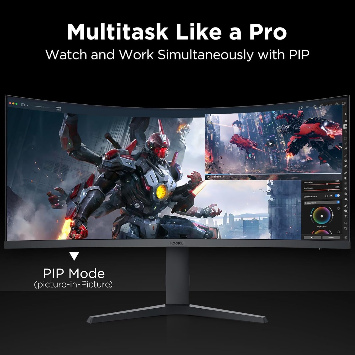 KOORUI 34-inch Curved WQHD 3440×1440 Gaming Monitor, 180Hz 1000R- PIP/PBP, 1ms(MPRT), HDR400, DCI-P3 95%, FreeSync Premium, 1 x DP 1.4 & 2 x HDMI 2.0, Tilt Height Swivel Adjustment, 34E6UC