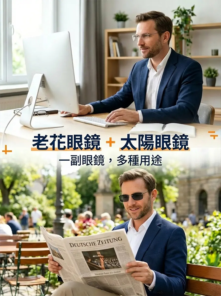 【適合所有年齡層】無框變焦變色老花眼鏡
