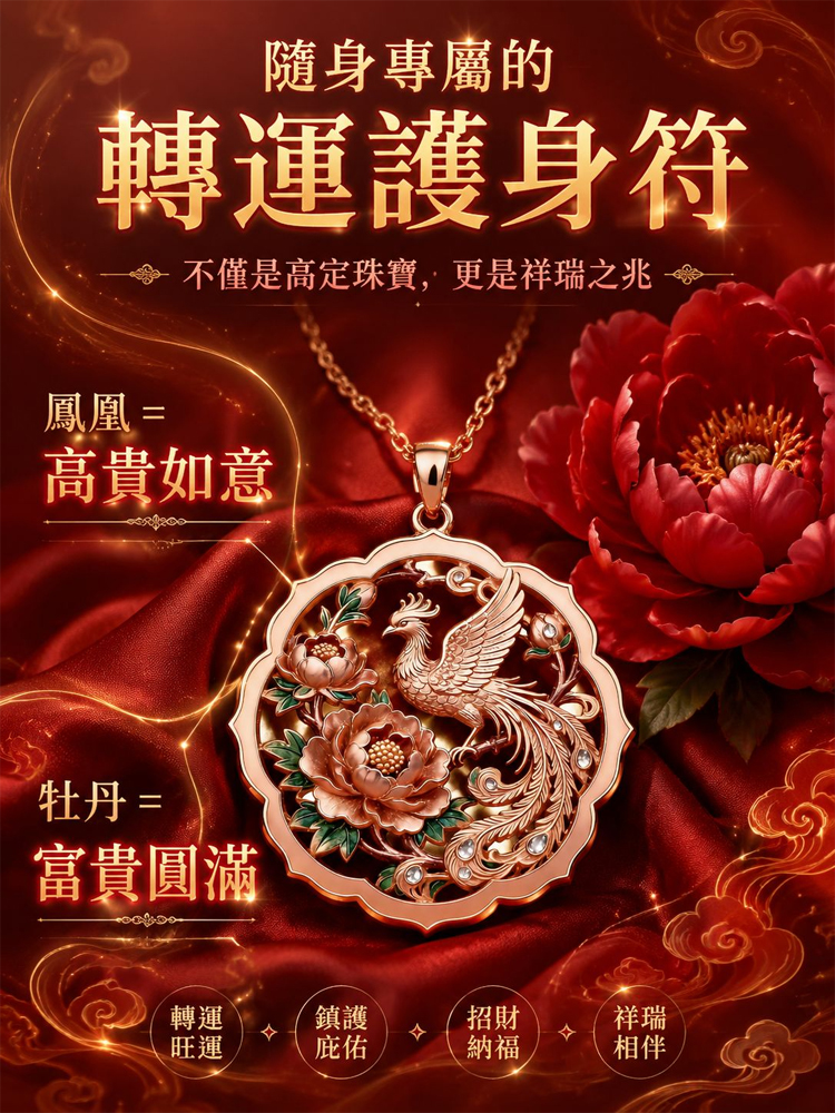 【招財轉運】鳳凰牡丹手工吊墜
