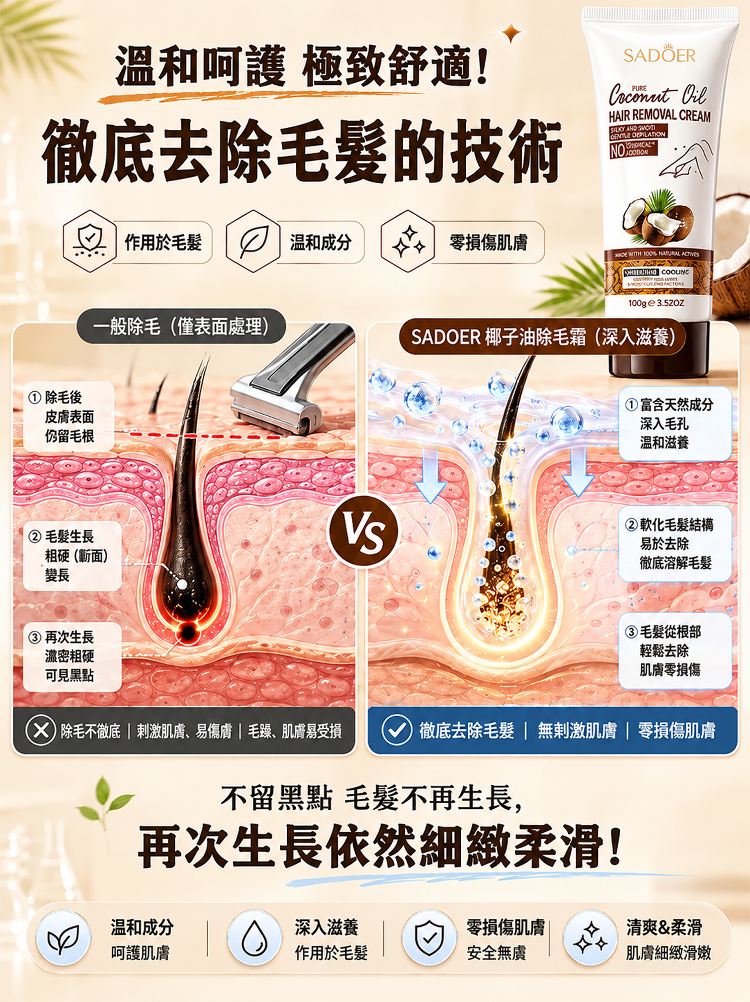 椰油溫和脫毛膏，輕鬆脫去體毛