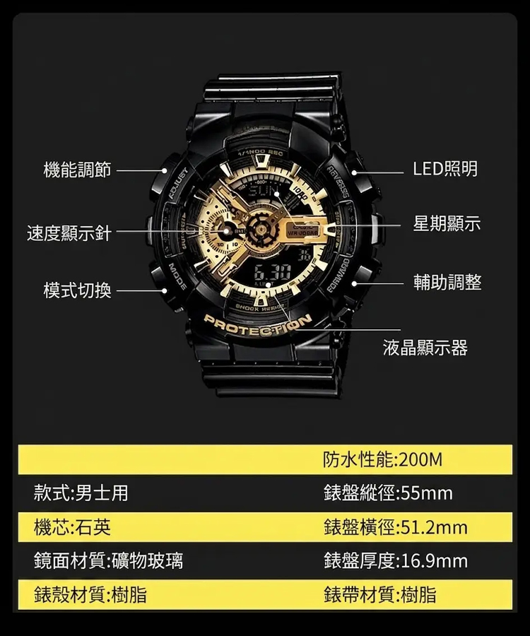 黑金男士運動電子表