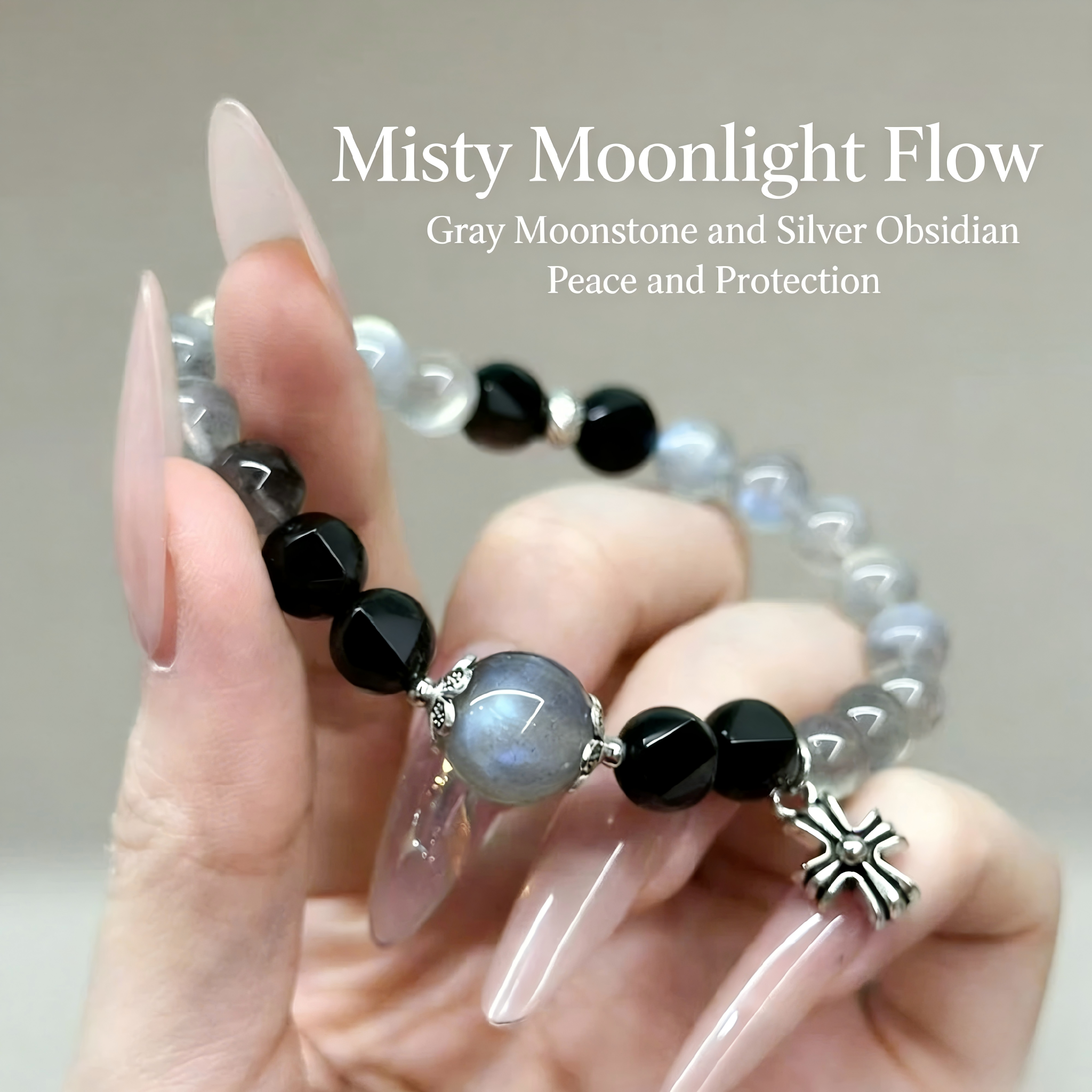 Natural Gray Moonstone & Silver Obsidian Bracelet, Unique Design for Women, Blessing Gift for Her