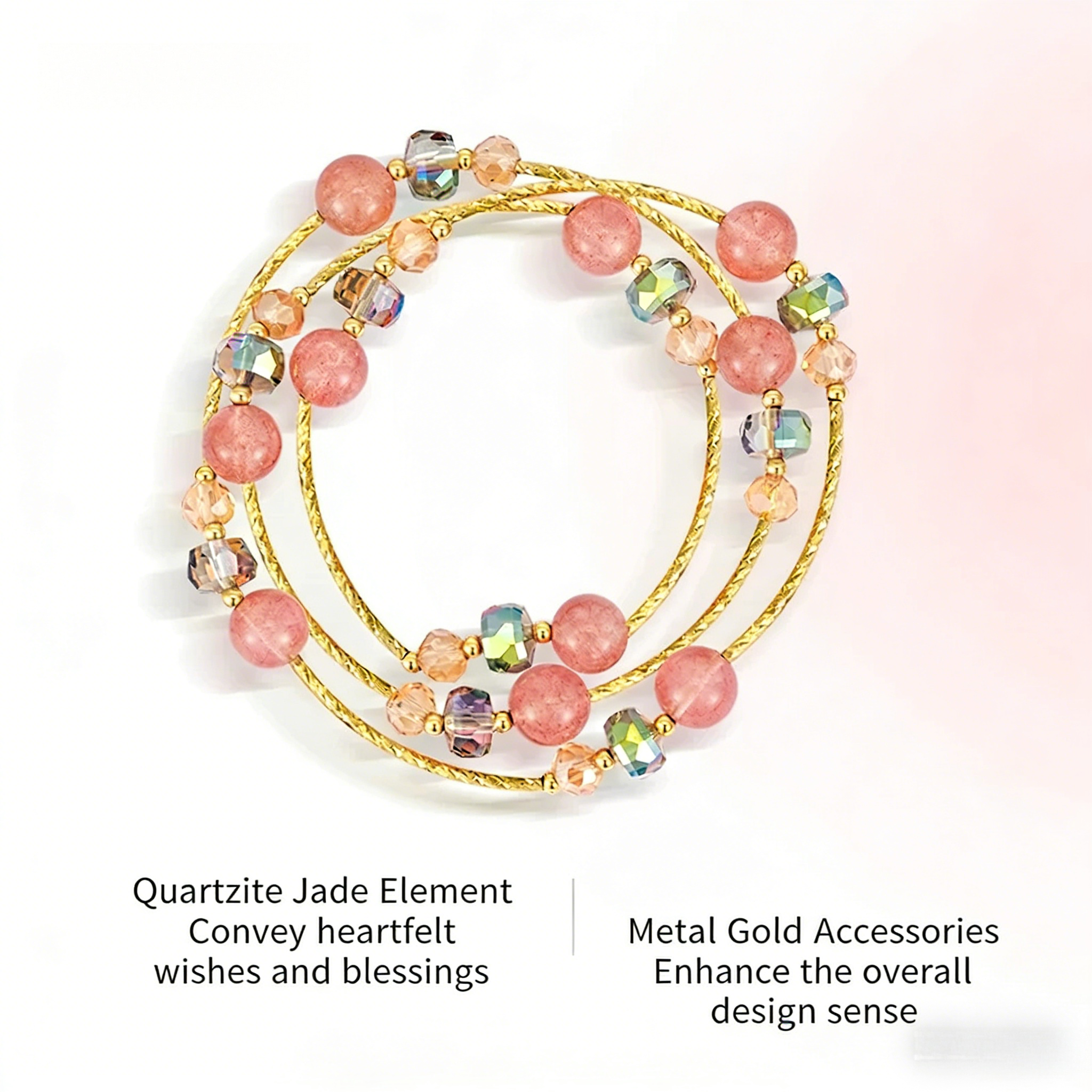 52cm Natural Rose Quartz & Strawberry Quartz Beaded Bracelet | Understated Luxury Unique Dainty Design, Stackable Everyday Jewelry