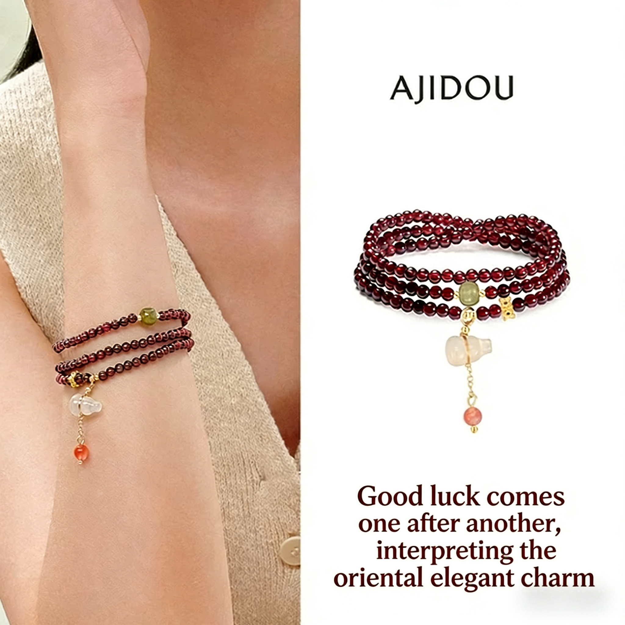 Natural Garnet Beaded Bracelet with Auspicious Calabash Charm | For Wealth Manifestation & Blessed Good Fortune, Understated Luxury Jewelry