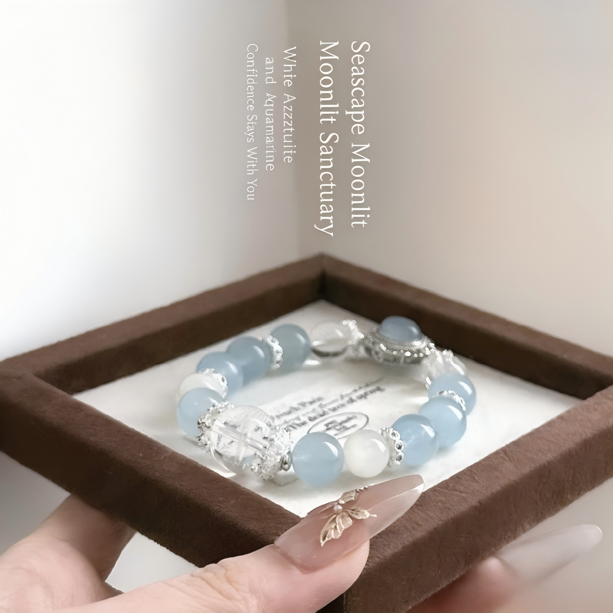 Natural Aquamarine Bracelet for Women, Natural White Azeztulite Crystal, Unique Original Lucky Beads, Confidence Best Friend Bracelet