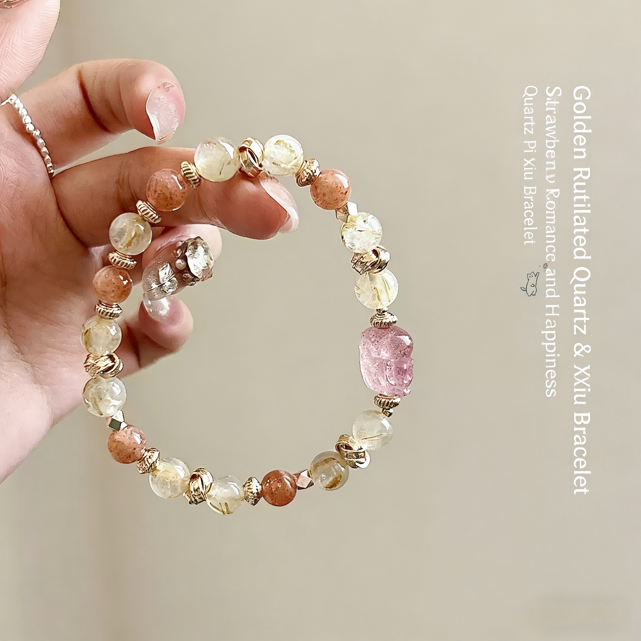 Women's Pixiu Bracelet with Golden Rutilated Quartz, Strawberry Quartz & Orange Moonstone, Natural Crystal Wealth Lucky Beads, Gift for Her