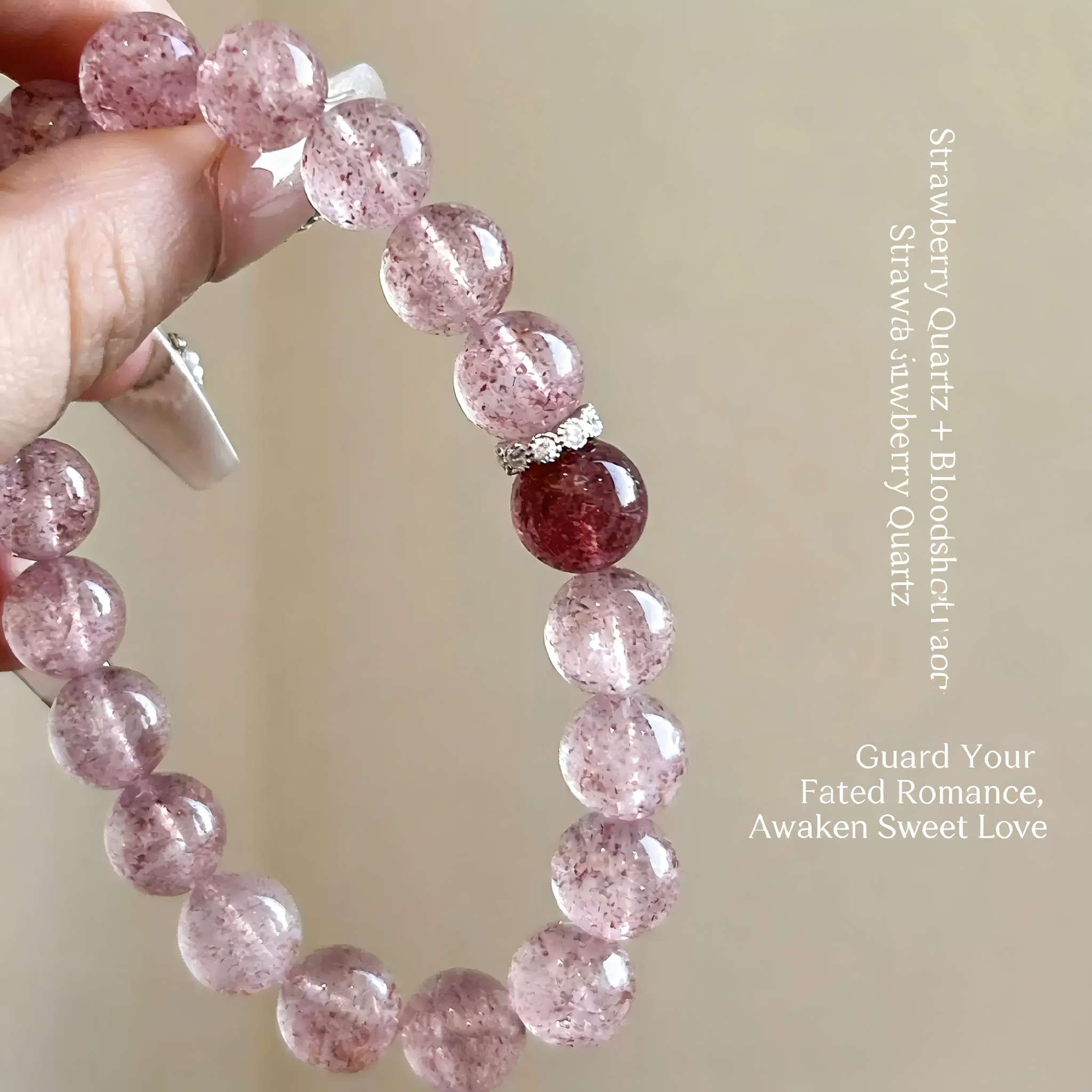 Natural Strawberry Quartz Bracelet for Women, Pink Crystal with Positive Love & Lucky Blessing Beads