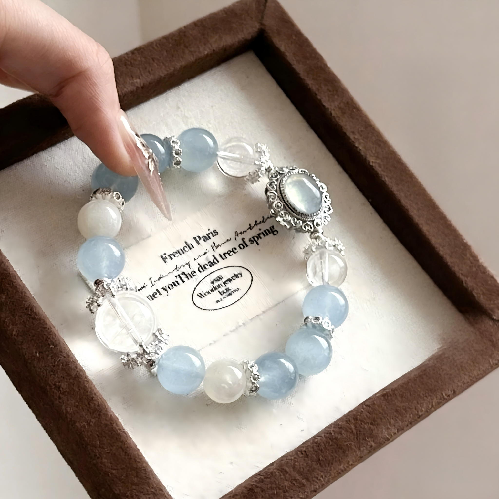 Natural Aquamarine Bracelet for Women, Natural White Azeztulite Crystal, Unique Original Lucky Beads, Confidence Best Friend Bracelet