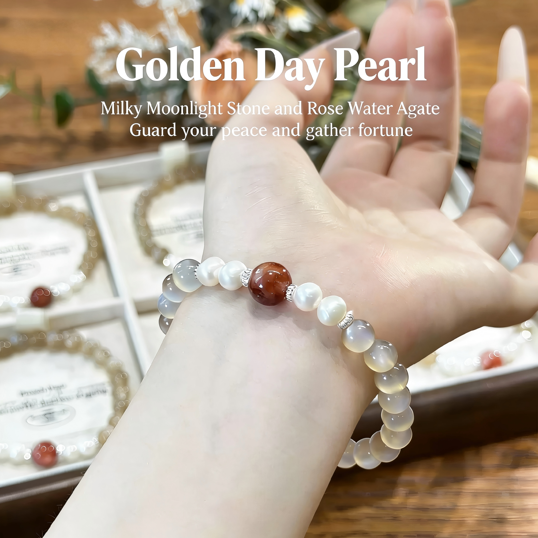 Women's Natural Moonstone Bracelet with Freshwater Pearls & Red Phantom Crystal, Delicate & Light Luxury Lucky Beads Jewelry 