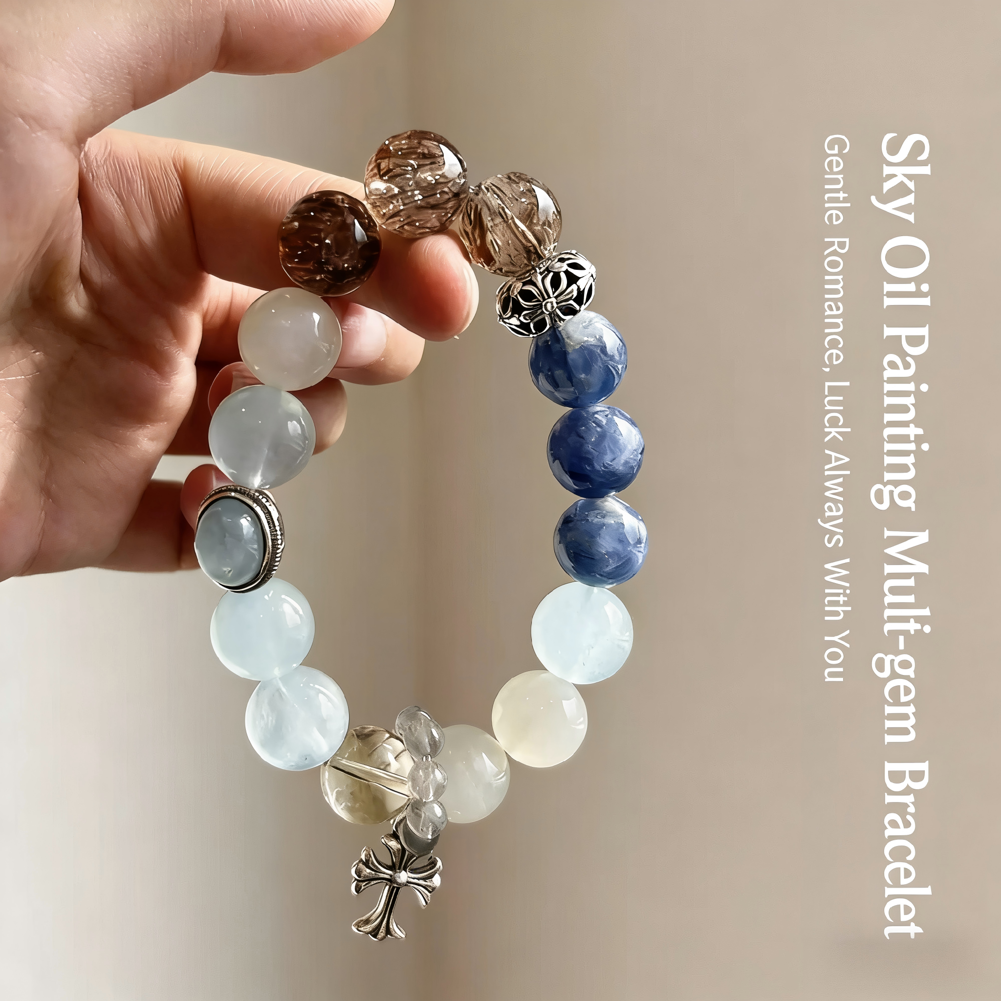 Women's Natural Aquamarine Bracelet, Unique Original Design, Moonstone & Black Gold Super Blue Crystal Jewelry