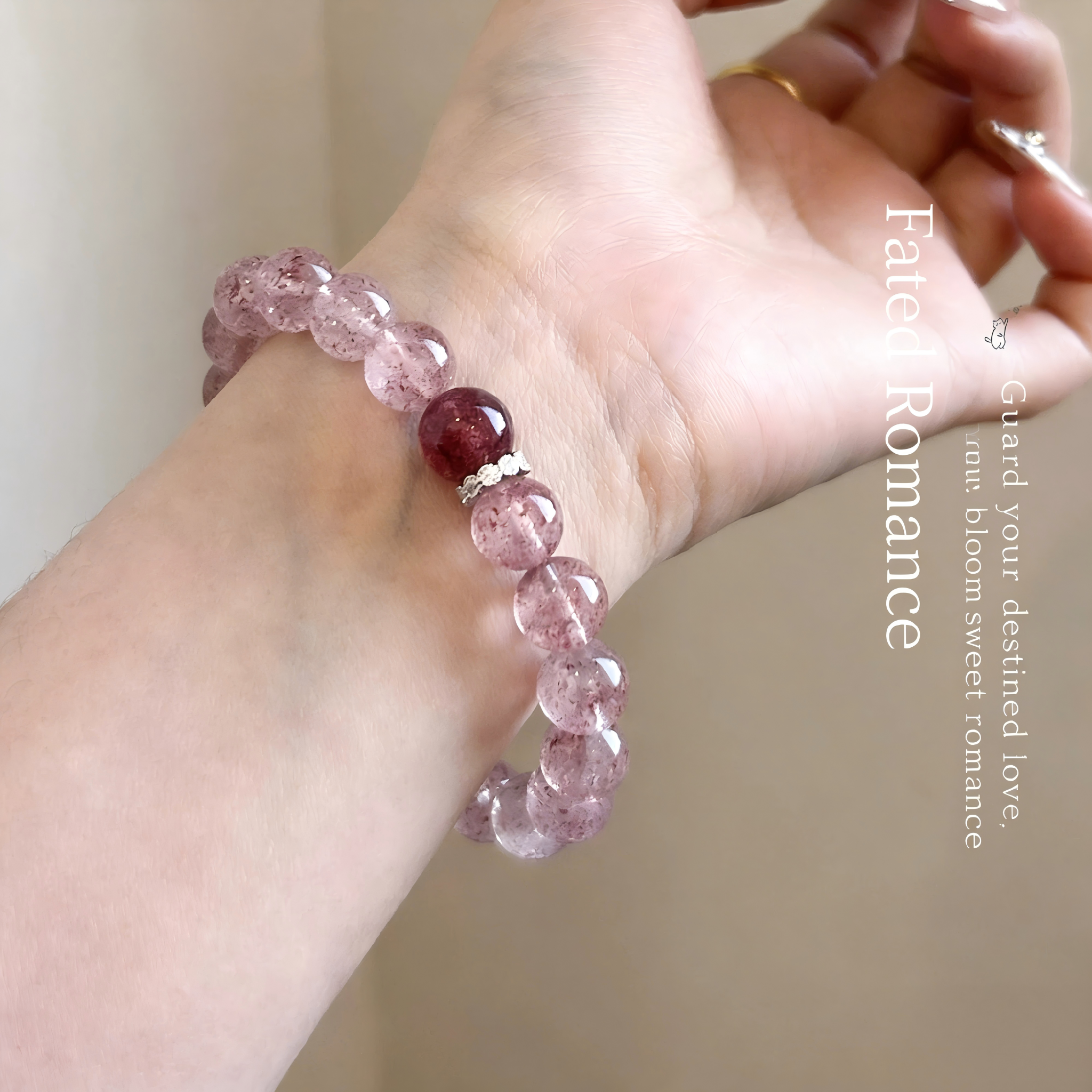 Natural Strawberry Quartz Bracelet for Women, Pink Crystal with Positive Love & Lucky Blessing Beads