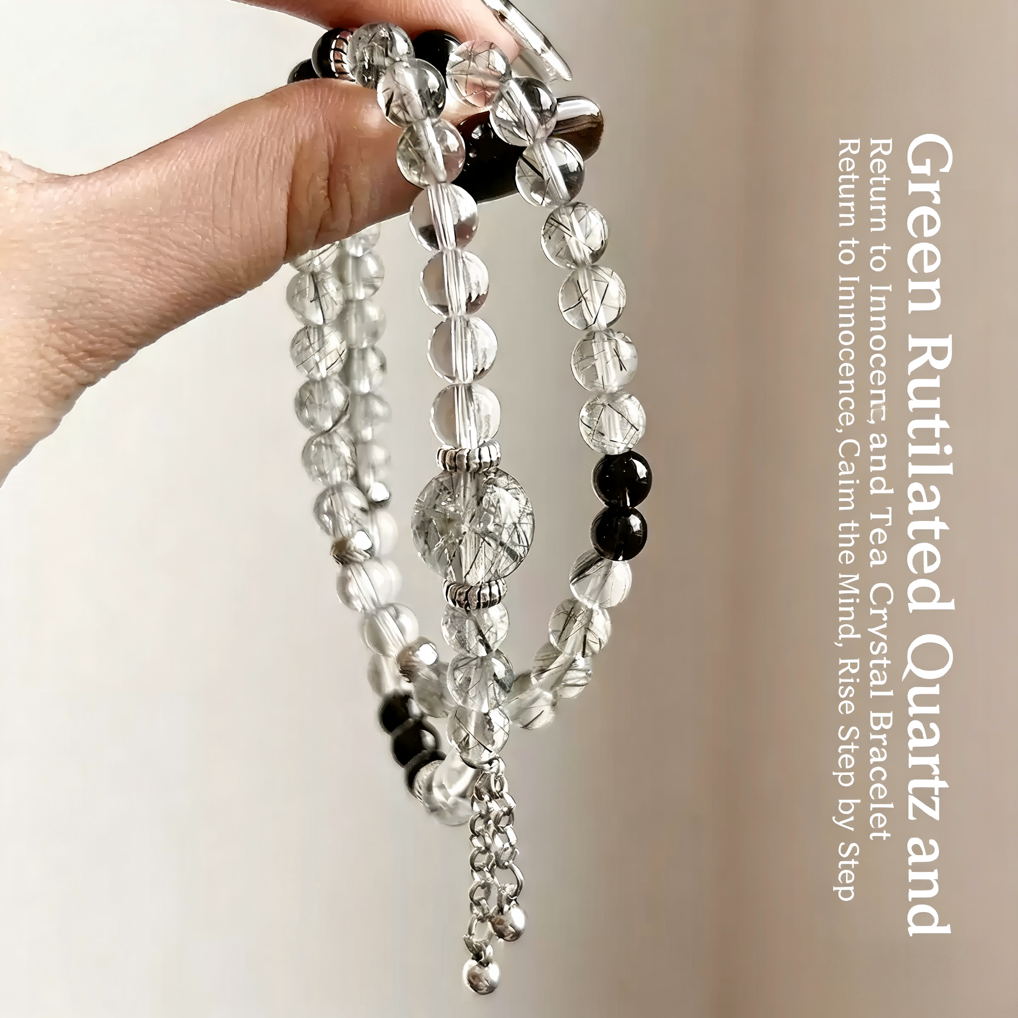 Natural Green Rutilated Quartz Double-Layer Bracelet, Zen & New Chinese Style, Women’s White Crystal Jewelry