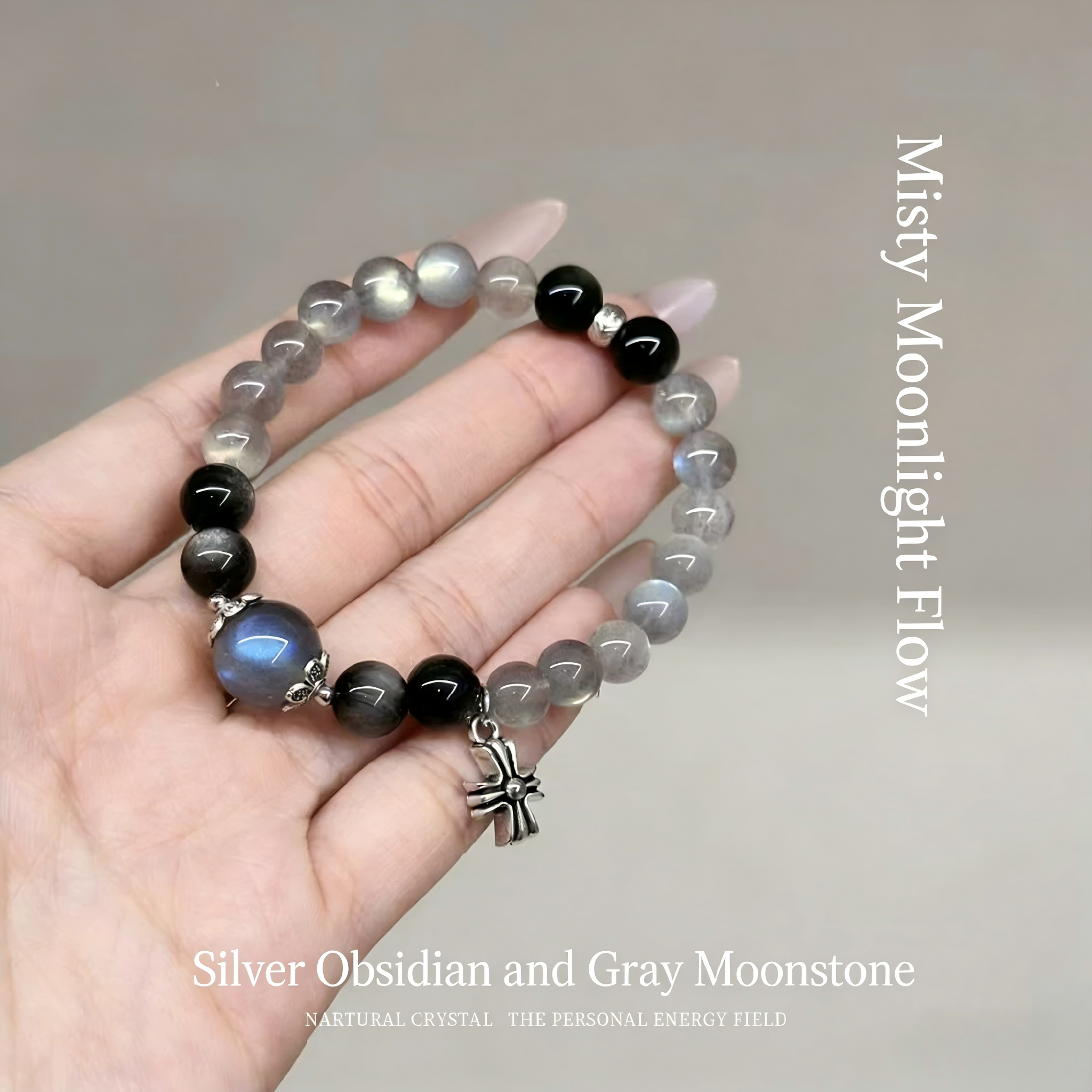 Natural Gray Moonstone & Silver Obsidian Bracelet, Unique Design for Women, Blessing Gift for Her