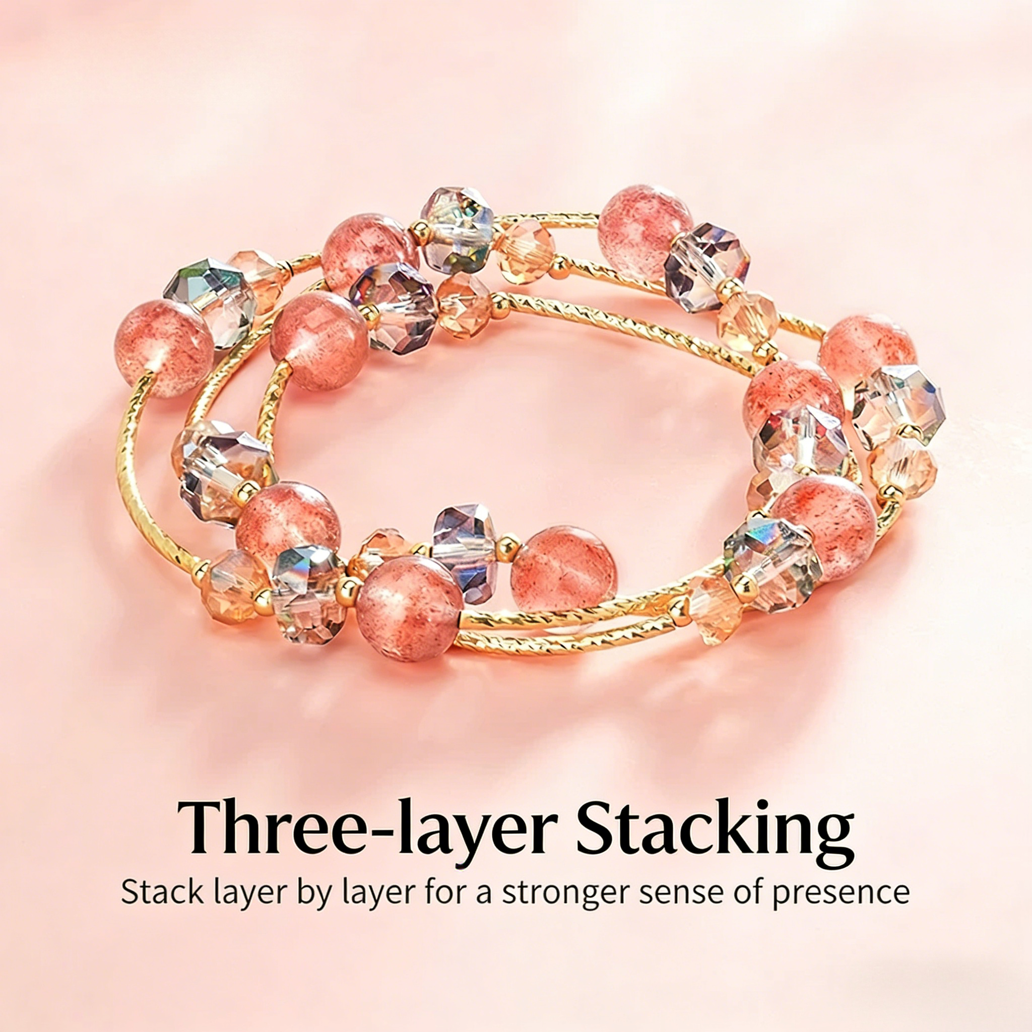 52cm Natural Rose Quartz & Strawberry Quartz Beaded Bracelet | Understated Luxury Unique Dainty Design, Stackable Everyday Jewelry