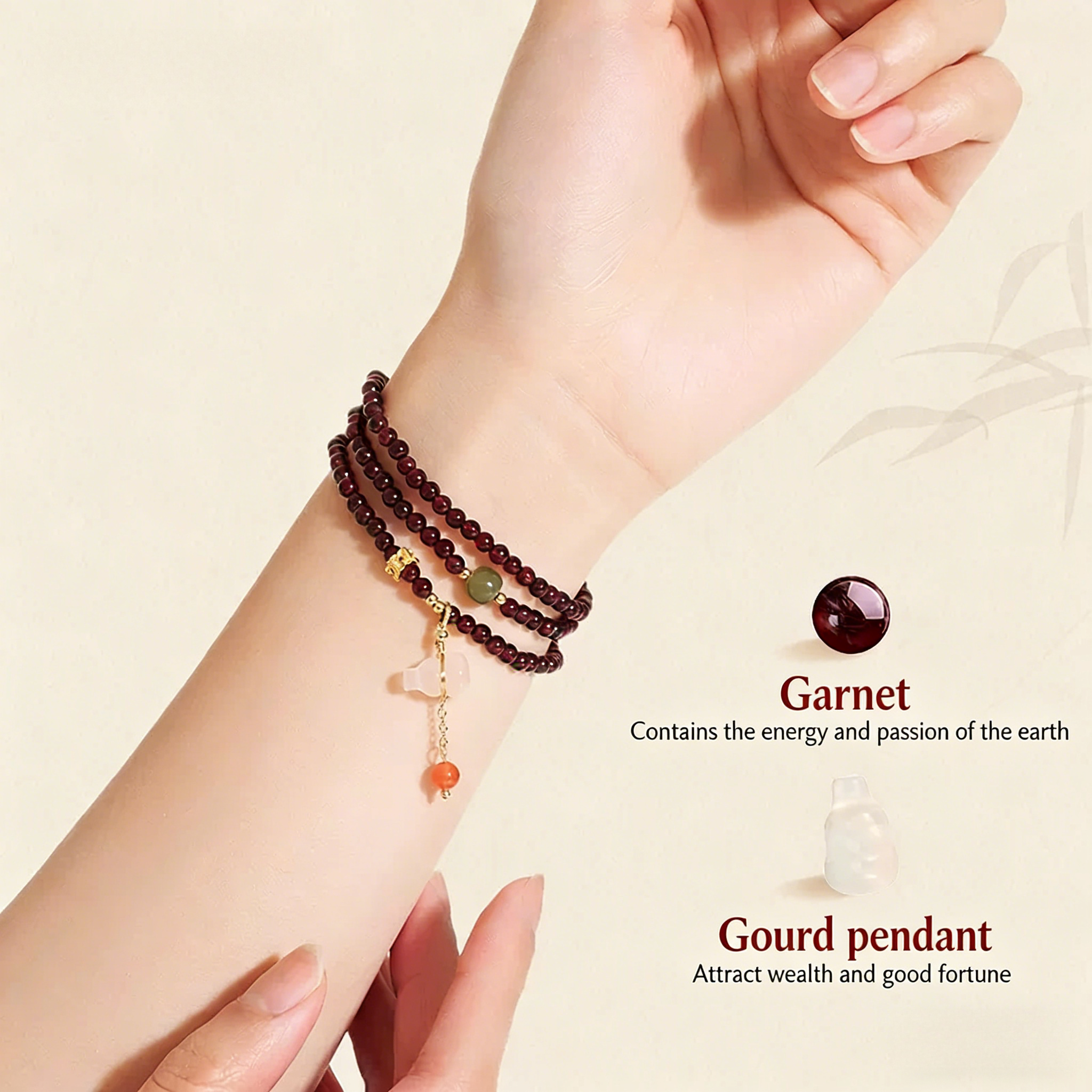 Natural Garnet Beaded Bracelet with Auspicious Calabash Charm | For Wealth Manifestation & Blessed Good Fortune, Understated Luxury Jewelry