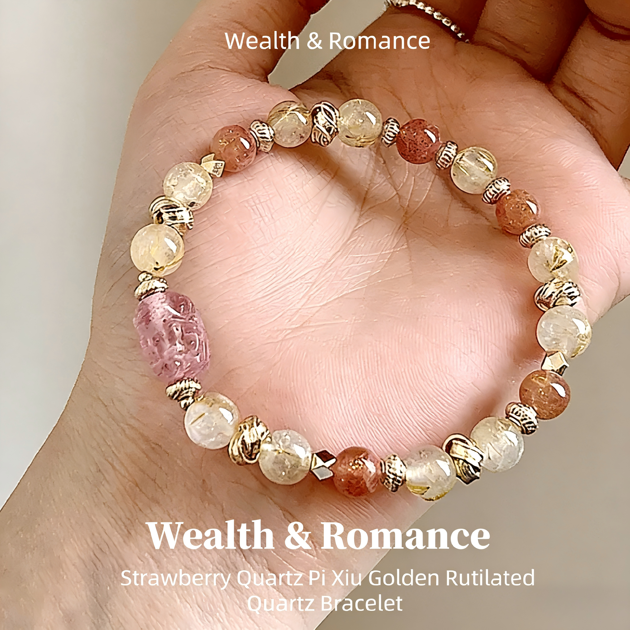 Women's Pixiu Bracelet with Golden Rutilated Quartz, Strawberry Quartz & Orange Moonstone, Natural Crystal Wealth Lucky Beads, Gift for Her