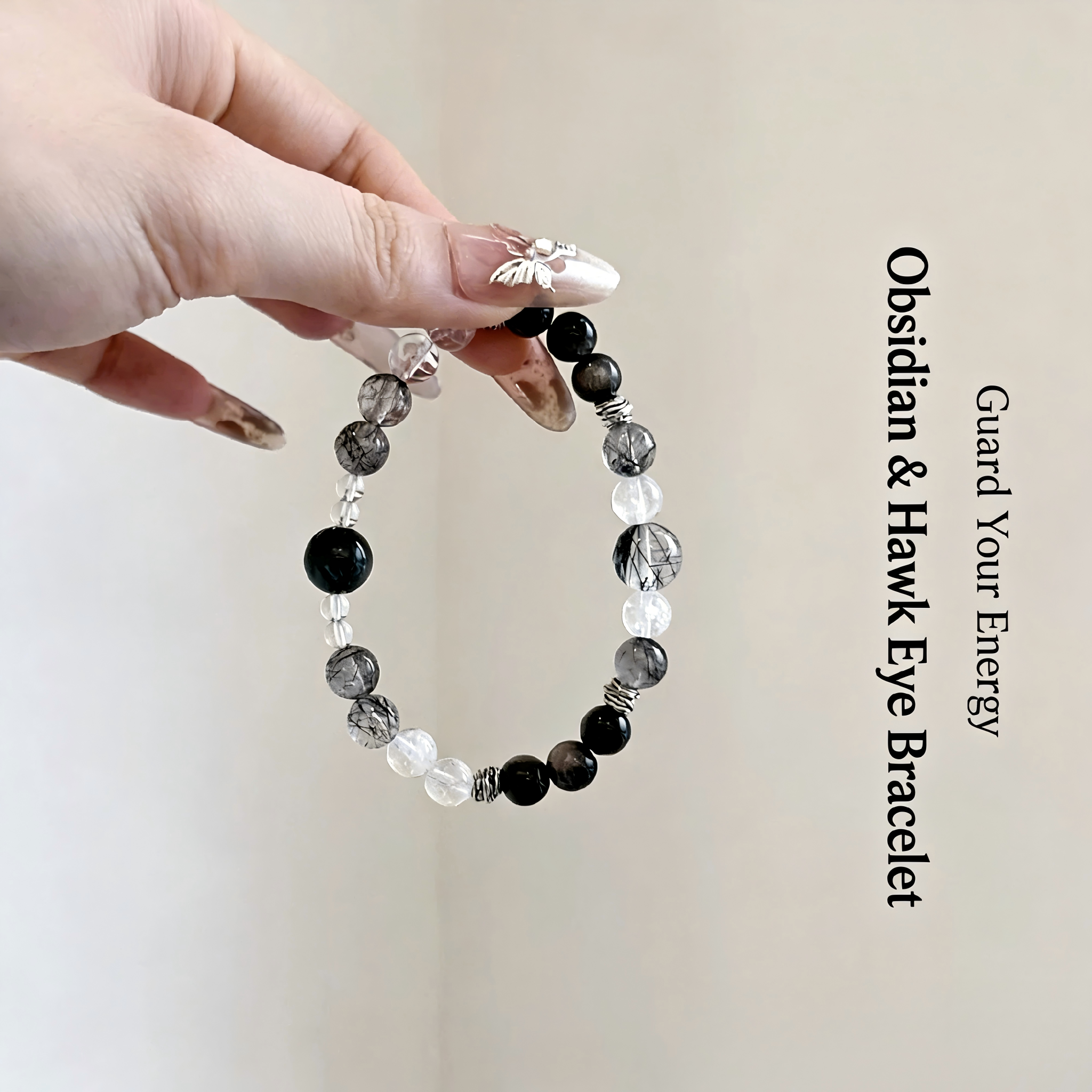 Natural Black Quartz & Hawk Eye Bracelet for Women, Light Luxury & Delicate Silver Obsidian Lucky Beads Jewelry Gift