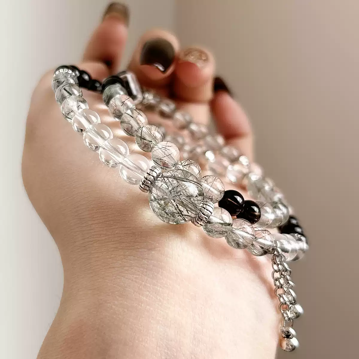 Natural Green Rutilated Quartz Double-Layer Bracelet, Zen & New Chinese Style, Women’s White Crystal Jewelry