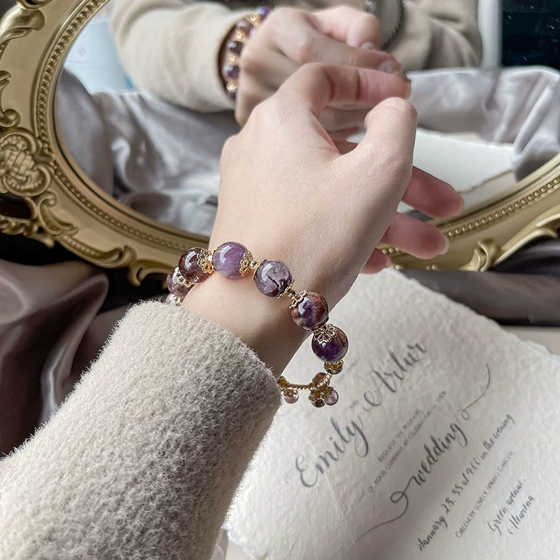 Natural Purple Phantom Quartz & Amethyst Beaded Bracelet for Women | Understated Elegant Design for Koi Blessed Good Fortune, Heartfelt Gift
