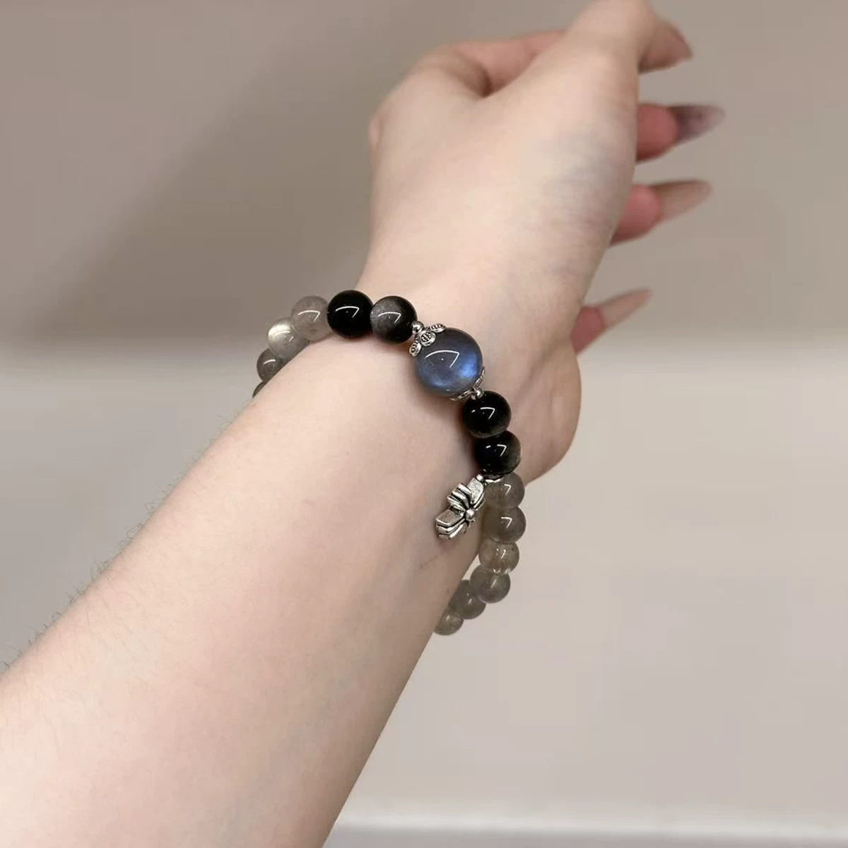 Natural Gray Moonstone & Silver Obsidian Bracelet, Unique Design for Women, Blessing Gift for Her