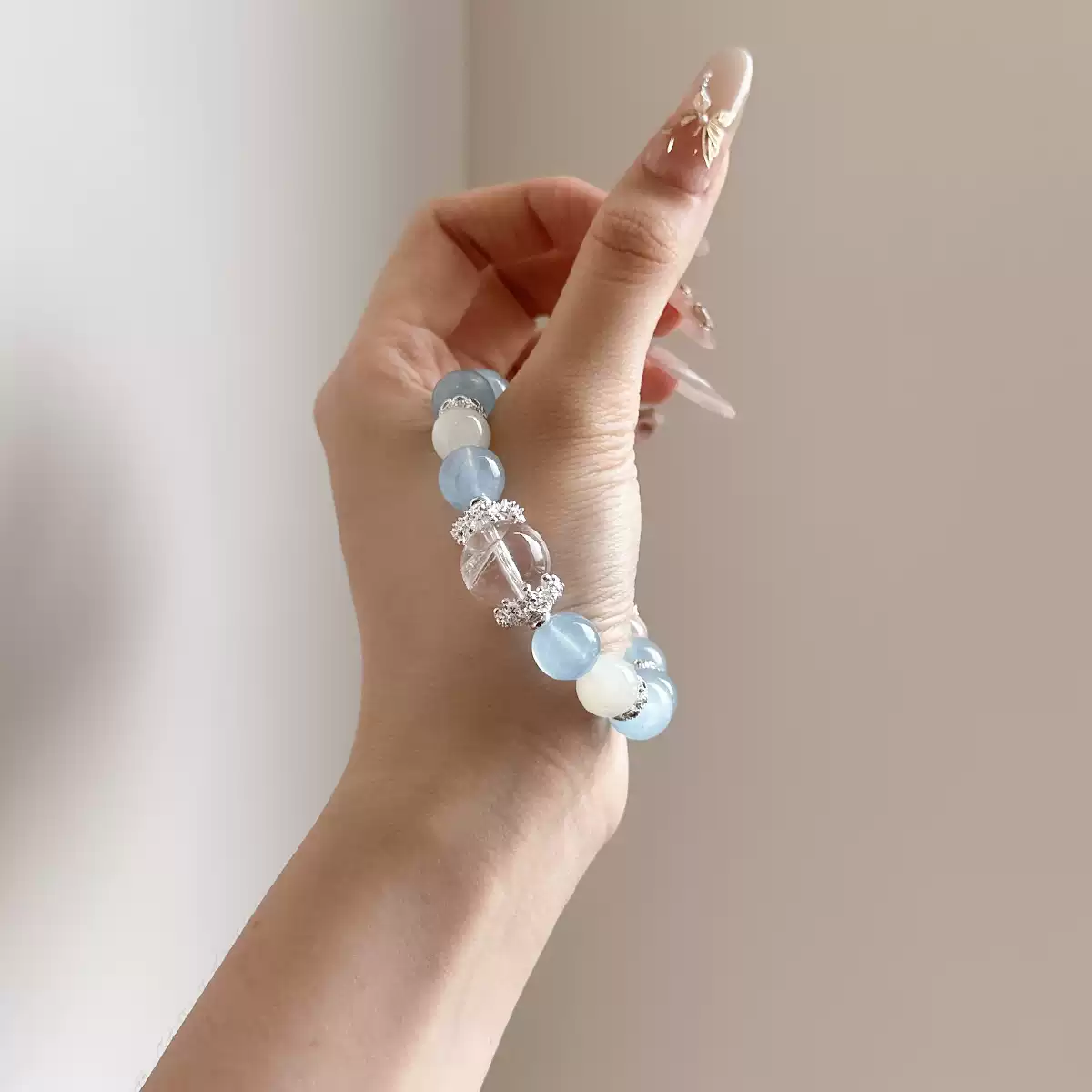 Natural Aquamarine Bracelet for Women, Natural White Azeztulite Crystal, Unique Original Lucky Beads, Confidence Best Friend Bracelet