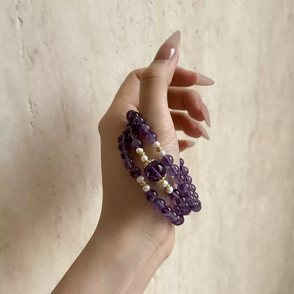 Natural Amethyst Three-Layer Bracelet for Women, Original Design Lucky Beads, Koi Blessing Gift