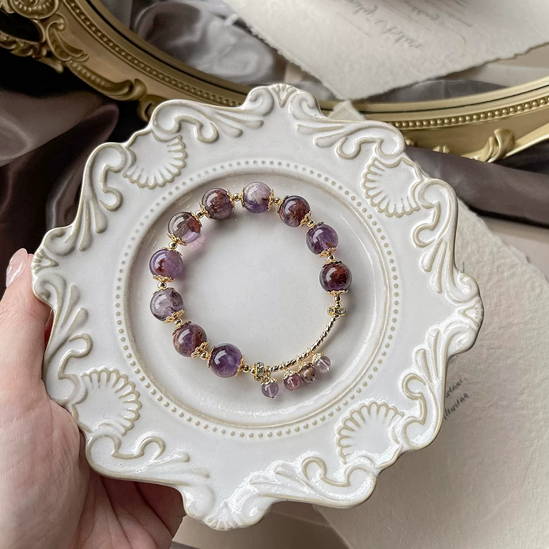 Natural Purple Phantom Quartz & Amethyst Beaded Bracelet for Women | Understated Elegant Design for Koi Blessed Good Fortune, Heartfelt Gift