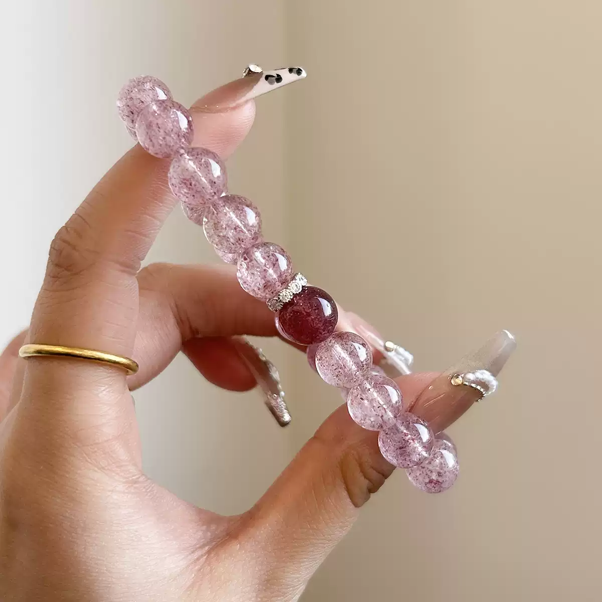 Natural Strawberry Quartz Bracelet for Women, Pink Crystal with Positive Love & Lucky Blessing Beads