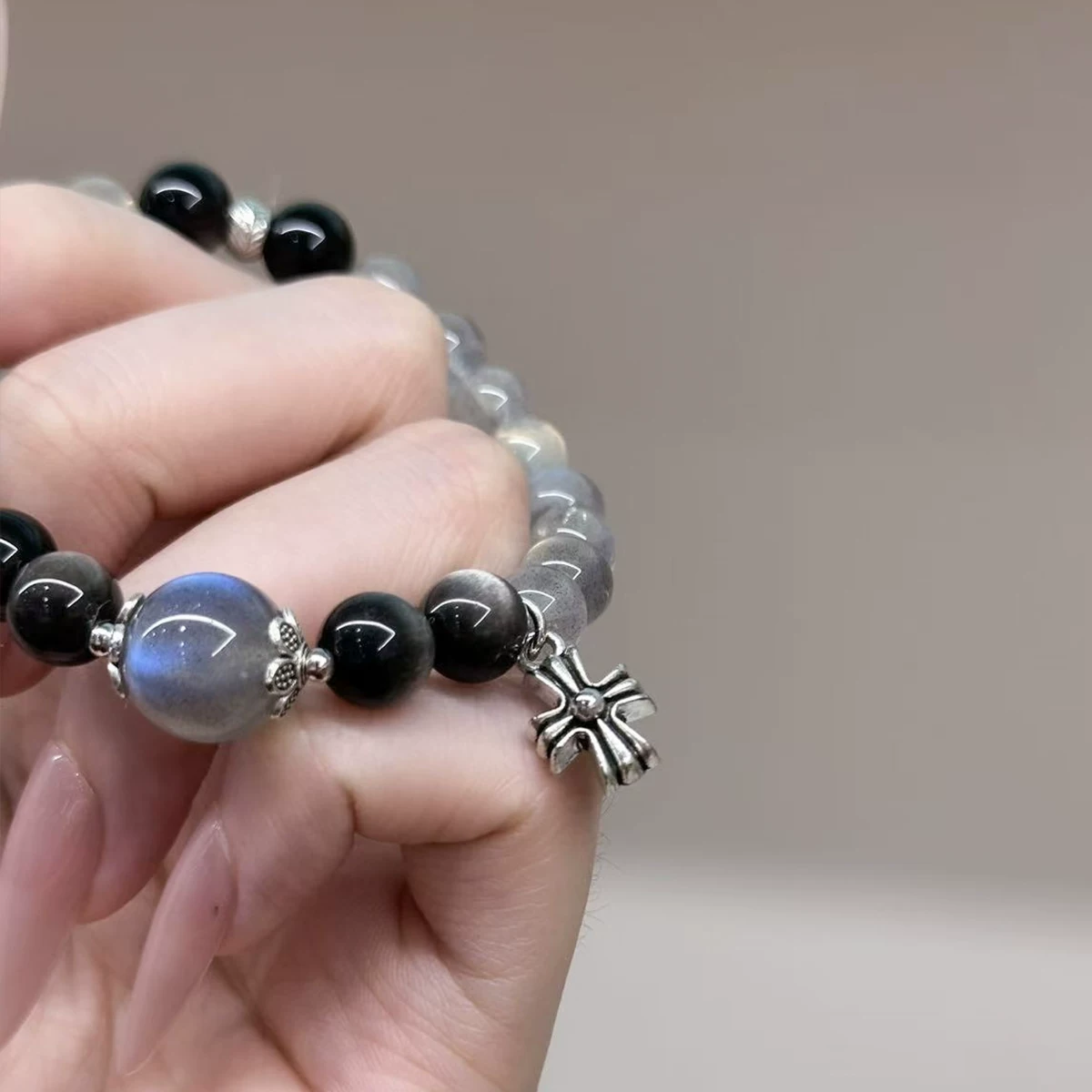 Natural Gray Moonstone & Silver Obsidian Bracelet, Unique Design for Women, Blessing Gift for Her