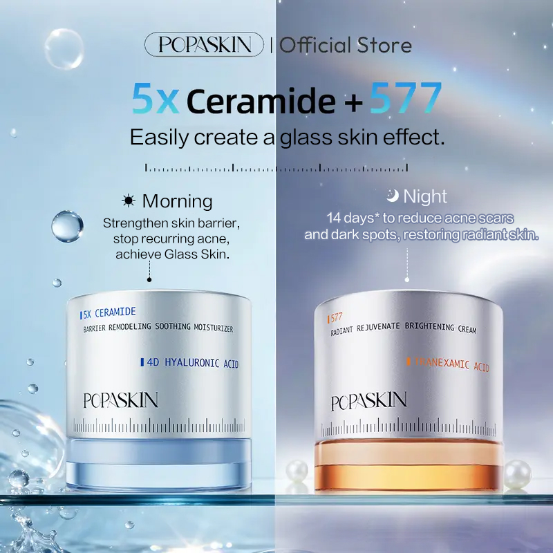 【KOL】 POPASKIN 5X Ceramide Barrier Soothing Moisturizer & 577 Dark Spot Cream: A skincare set for radiant skin, strengthening the skin barrier, reducing recurring acne, clearing dark spots, and revealing glass skin. Suitable for sensitive, acne-prone, and