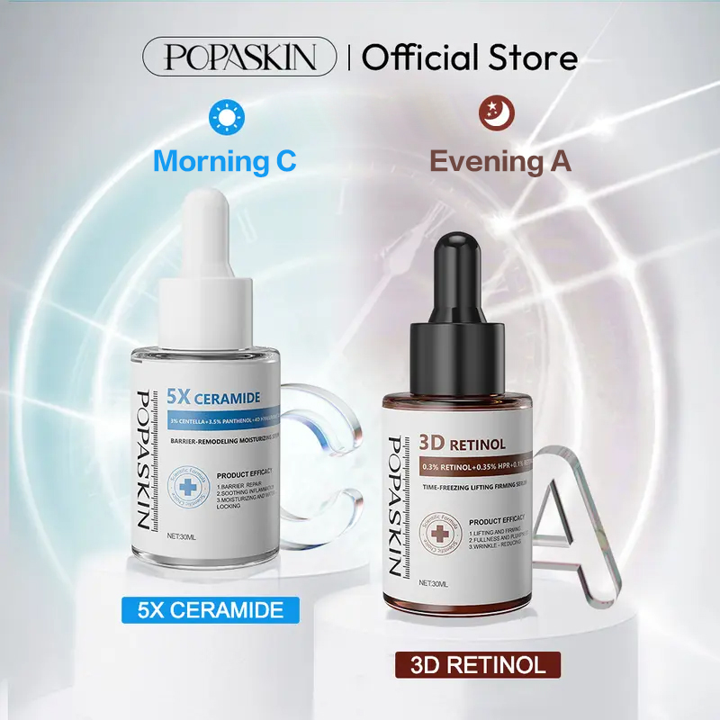 POPASKIN [Morning: C; Evening: A] Morning: 5X CERAMIDE BARRIER MOISTURIZER SERUM; Evening: 3D RETINOL PEPITIDE BOOSTER SERUM]