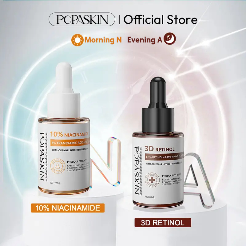 POPASKIN [Morning N, Evening A] Morning: 10% NIACINAMIDE + 3% TRANEXAMIC ACID BRIGHTENING & GLOWING SERUM. Evening: 3D RETINOL PEPITIDE BOOSTER SERUM 30ML*2