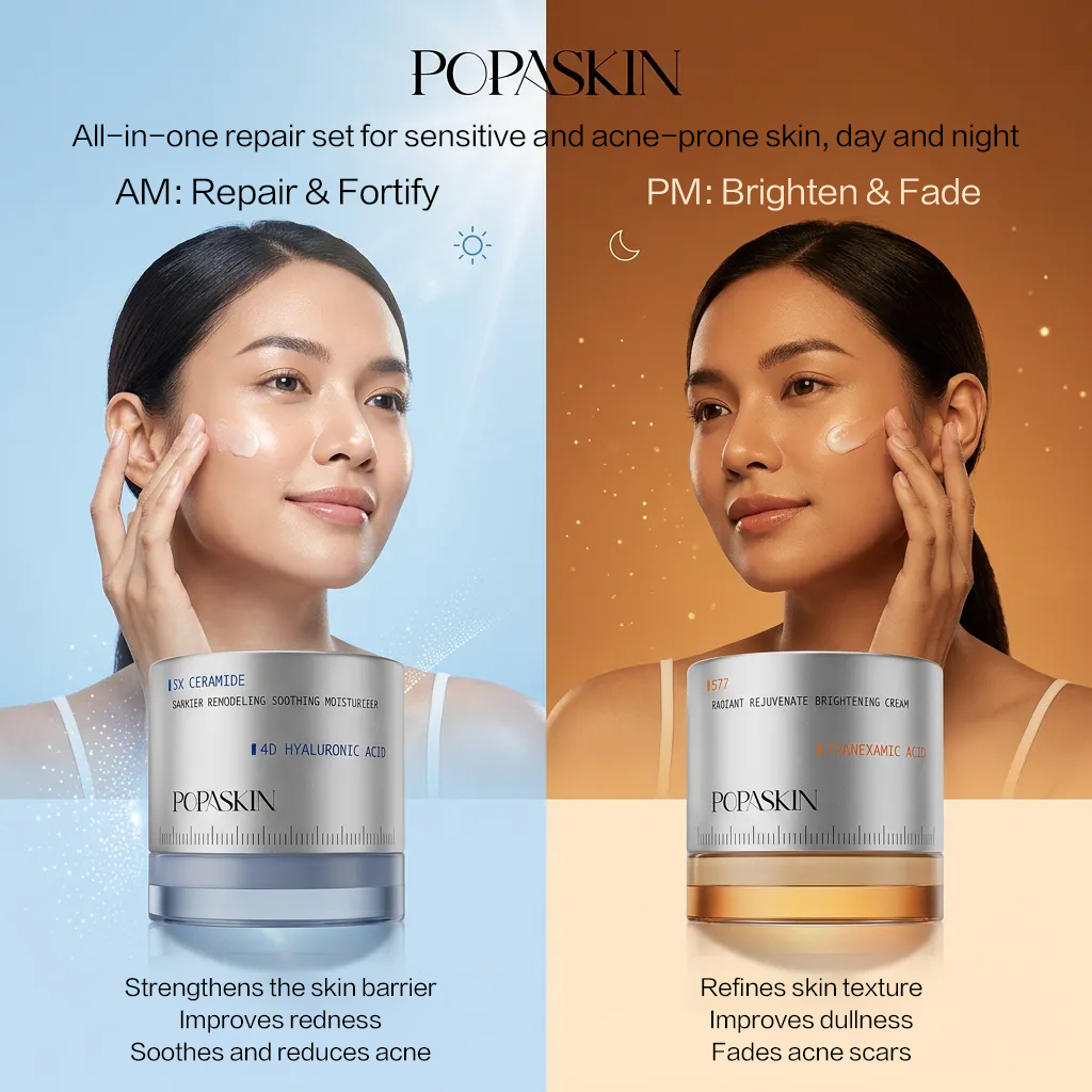 【KOL】 POPASKIN 5X Ceramide Barrier Soothing Moisturizer & 577 Dark Spot Cream: A skincare set for radiant skin, strengthening the skin barrier, reducing recurring acne, clearing dark spots, and revealing glass skin. Suitable for sensitive, acne-prone, and