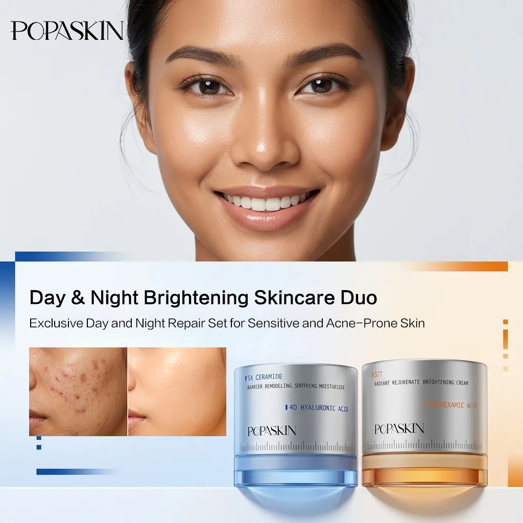 【KOL】 POPASKIN 5X Ceramide Barrier Soothing Moisturizer & 577 Dark Spot Cream: A skincare set for radiant skin, strengthening the skin barrier, reducing recurring acne, clearing dark spots, and revealing glass skin. Suitable for sensitive, acne-prone, and