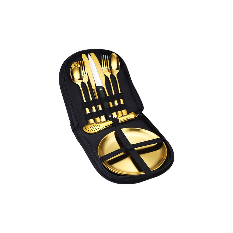 ชุดช้อนส้อมสแตนเลสสำหรับตั้งแคมป์แบบพกพากลางแจ้ง