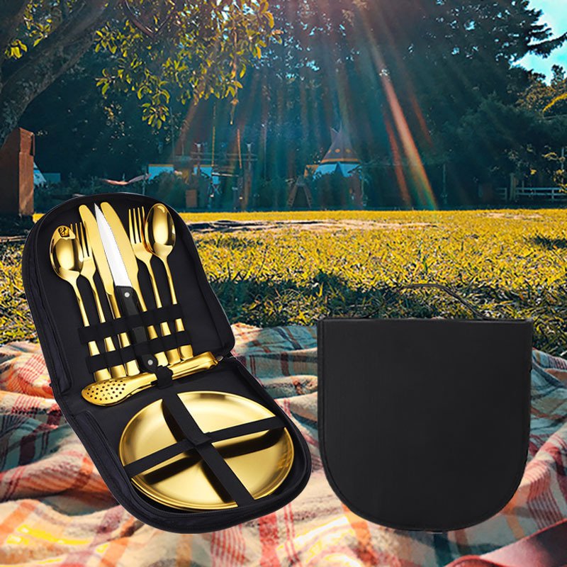 ชุดช้อนส้อมสแตนเลสสำหรับตั้งแคมป์แบบพกพากลางแจ้ง