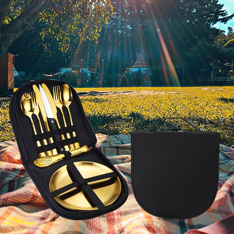 ชุดช้อนส้อมสแตนเลสสำหรับตั้งแคมป์แบบพกพากลางแจ้ง
