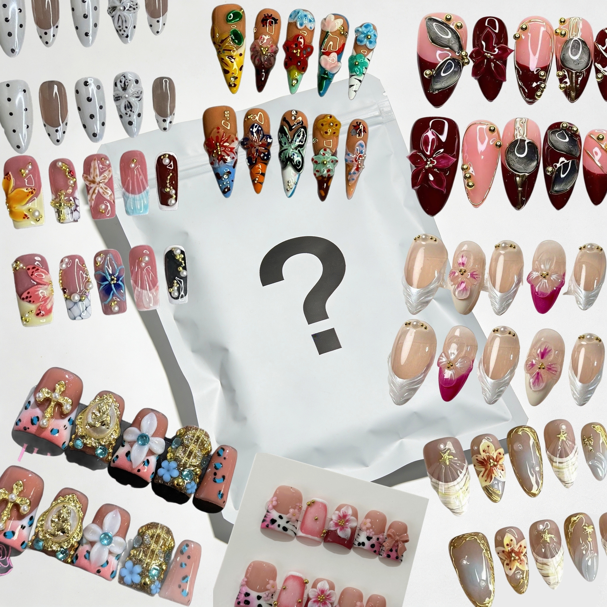 A set of 20 handmade press-on nails, available in various sizes and lengths. Styles are selected at random and feature shimmering butterfly motifs and glitter accents, making them suitable for any occasion.