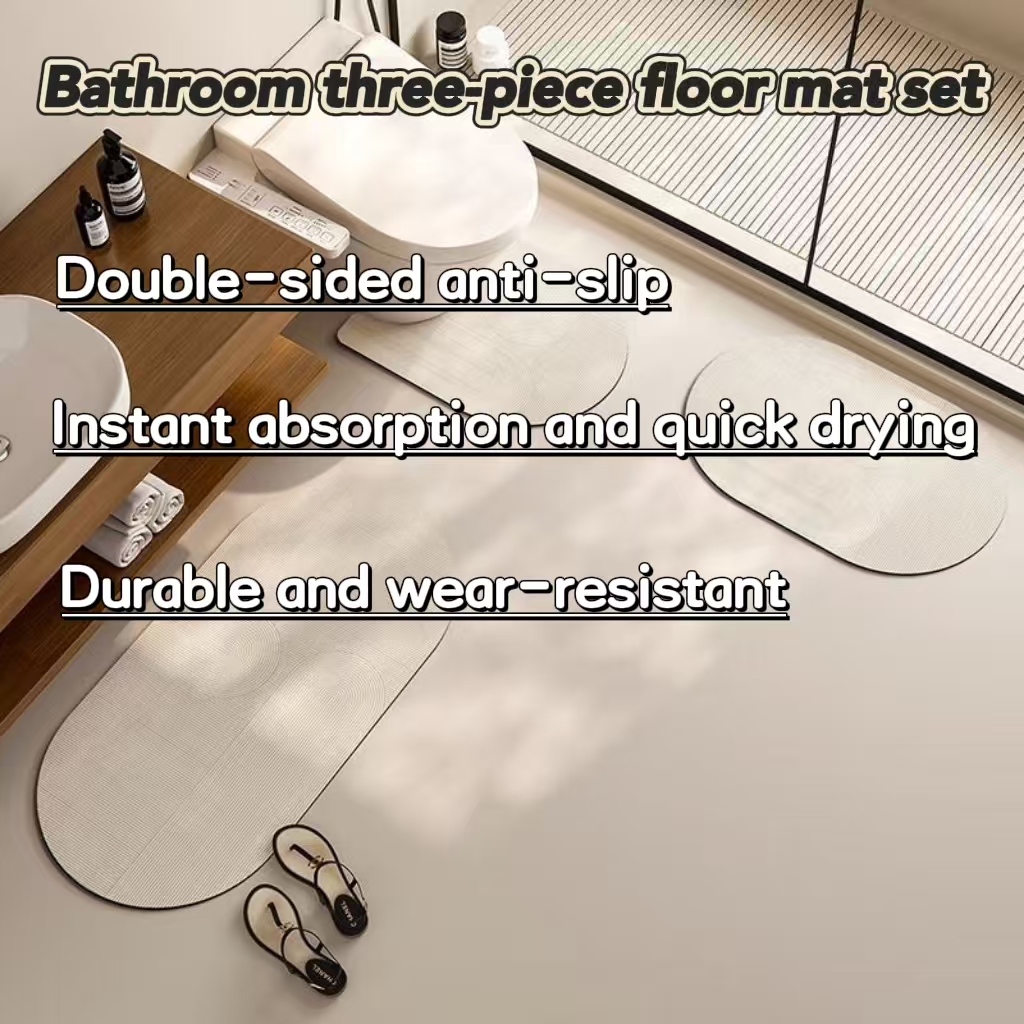 Bathroom Toilet Mat, 3-Piece Set, Quick-Drying Water-Absorbing Floor Mat, Rubber Anti-Slip Bottom Design, Suitable For Bathroom, Washbasin, Toilet, Kitchen, Living Room, Beside The Bathtub, Laundry Room, Bathroom Decoration. Bathmat