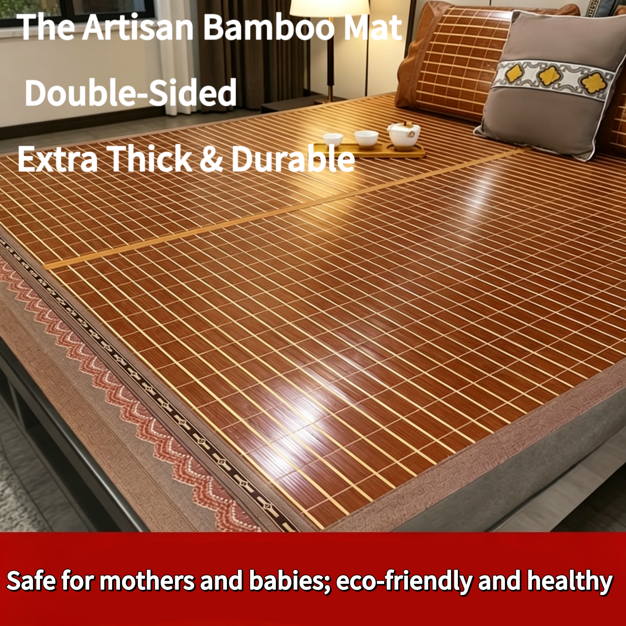 Premium Double-Sided Thickened Bamboo Cooling Mat - Natural Breathable Summer Sleeping Pad for Bed, Sofa & Tatami - Smooth & Reversible Design